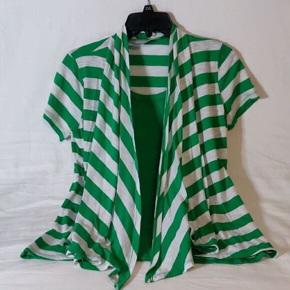 Allison Brittney Green & Gray Striped Layered Top Size S‎ - Picture 1 of 7